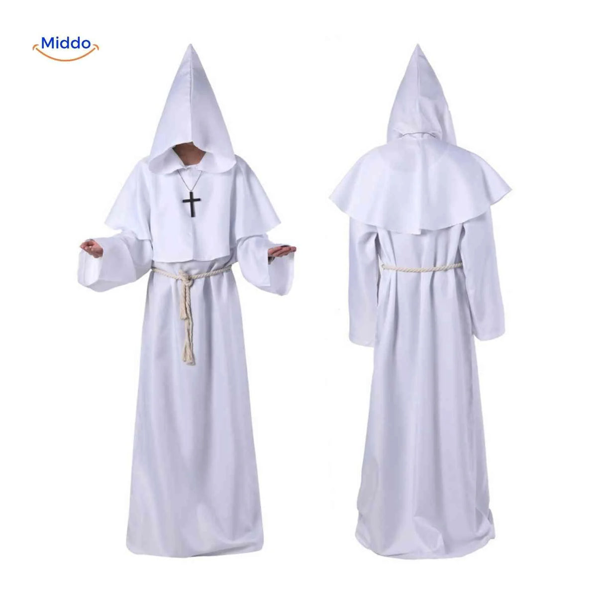 Monk Costume Hooded Long Robe With Rope Belt Breathable Fabric