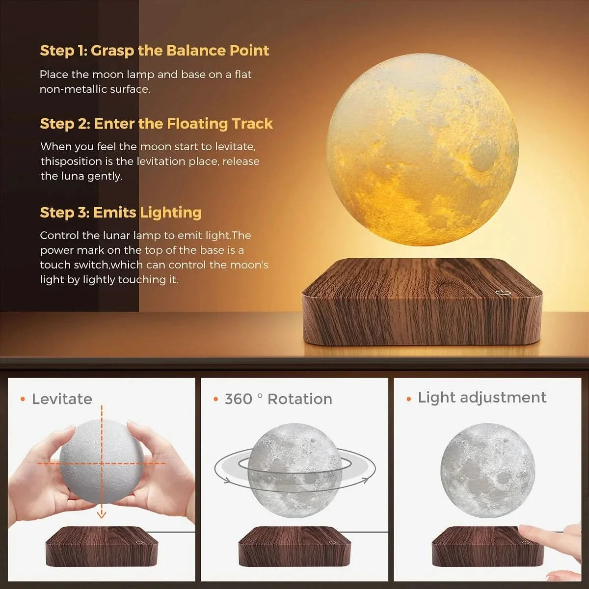 Moon Lamp Levitating Touch Control Wooden Base