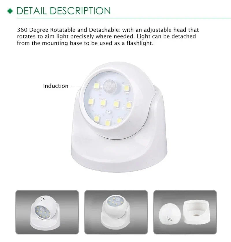 Motion Sensor Spotlight 360 Degree Rotatable Battery Powered