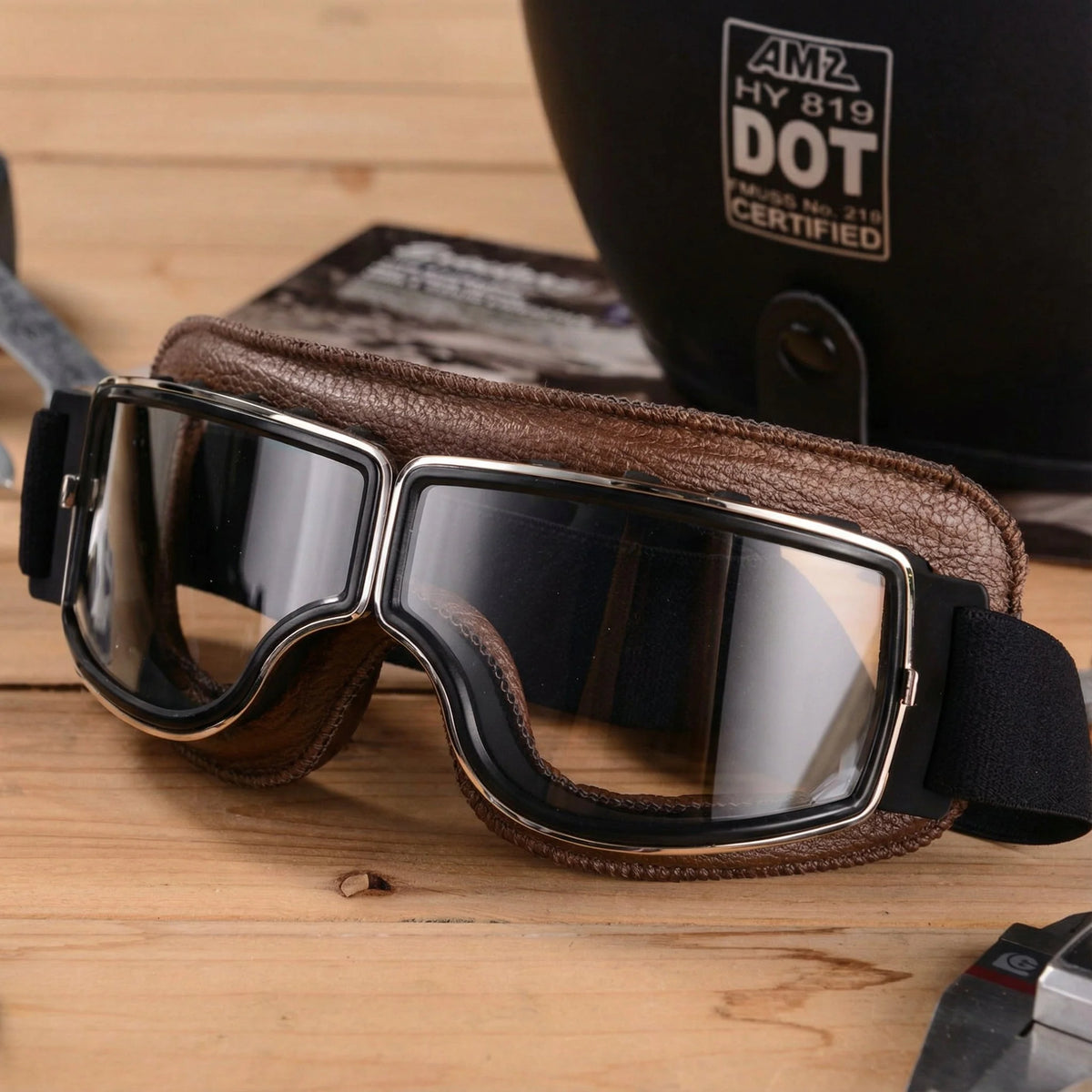 Motorcycle Goggles Vintage Leather Shatterproof Lenses