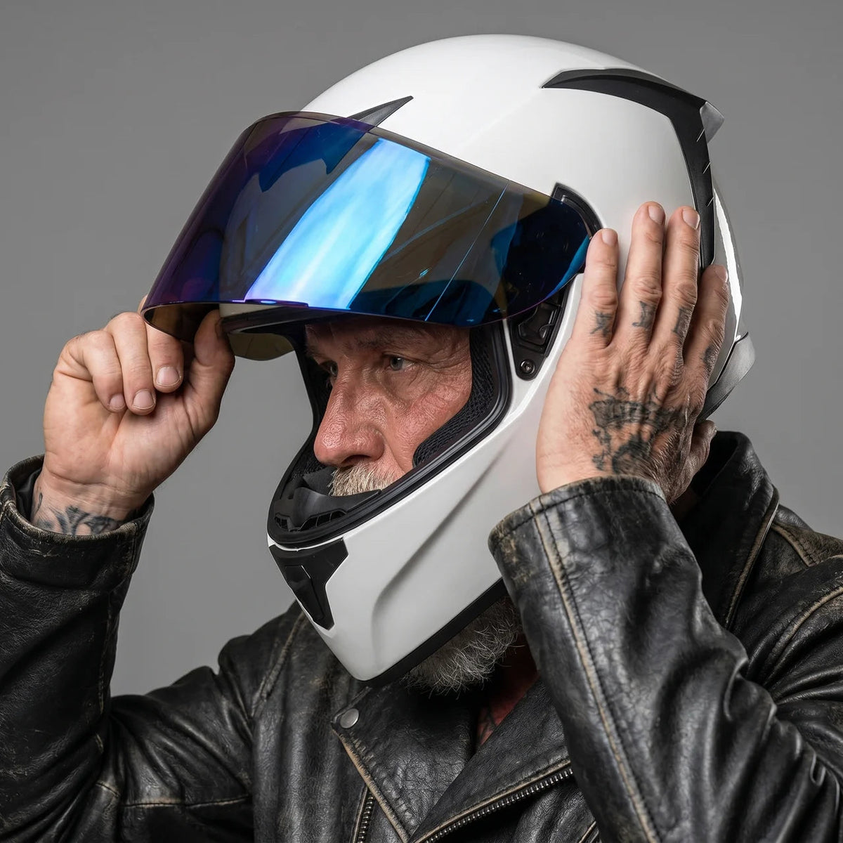 Motorcycle Helmet Full-Face Blue-Tint Visor Gloss White