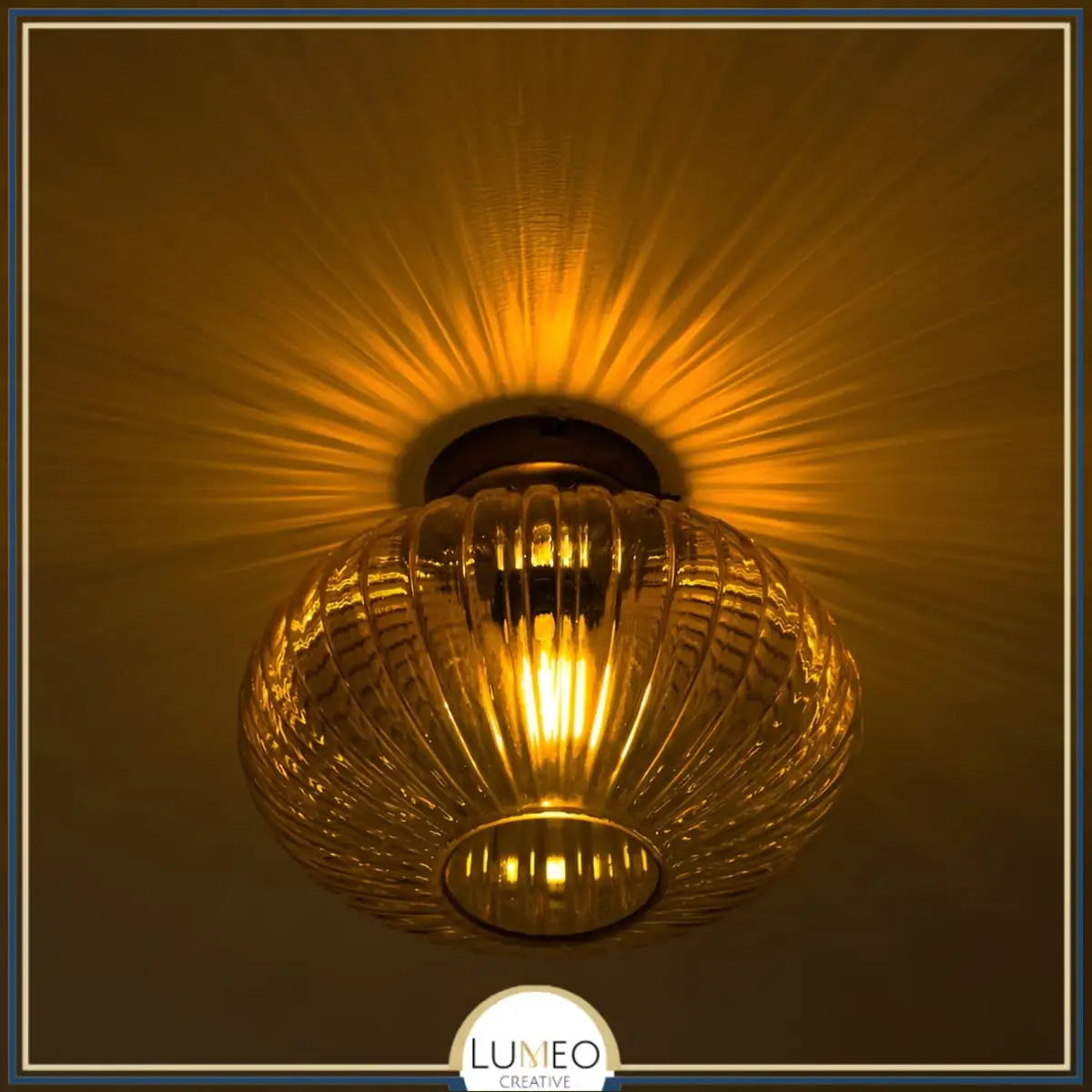 Mouth-Blown Ribbed Glass & Gold Metal Ceiling Light (Low-Ceiling)