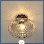 Mouth-Blown Ribbed Glass & Gold Metal Ceiling Light (Low-Ceiling)