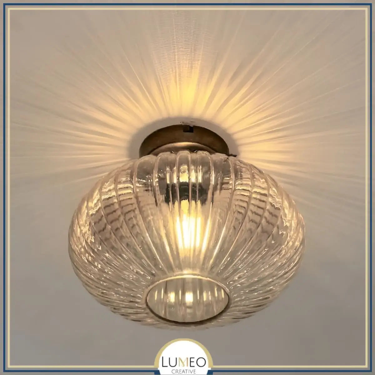 Mouth-Blown Ribbed Glass & Gold Metal Ceiling Light (Low-Ceiling)