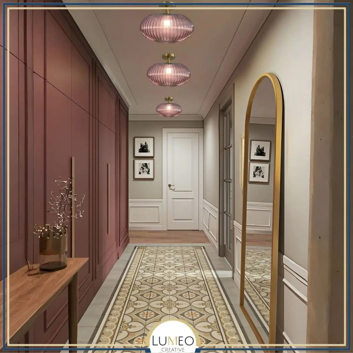 Mouth-Blown Ribbed Glass & Gold Metal Ceiling Light (Low-Ceiling)