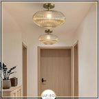 Mouth-Blown Ribbed Glass & Gold Metal Ceiling Light (Low-Ceiling)