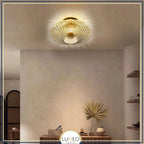 Mouth-Blown Ribbed Glass & Gold Metal Ceiling Light (Low-Ceiling)
