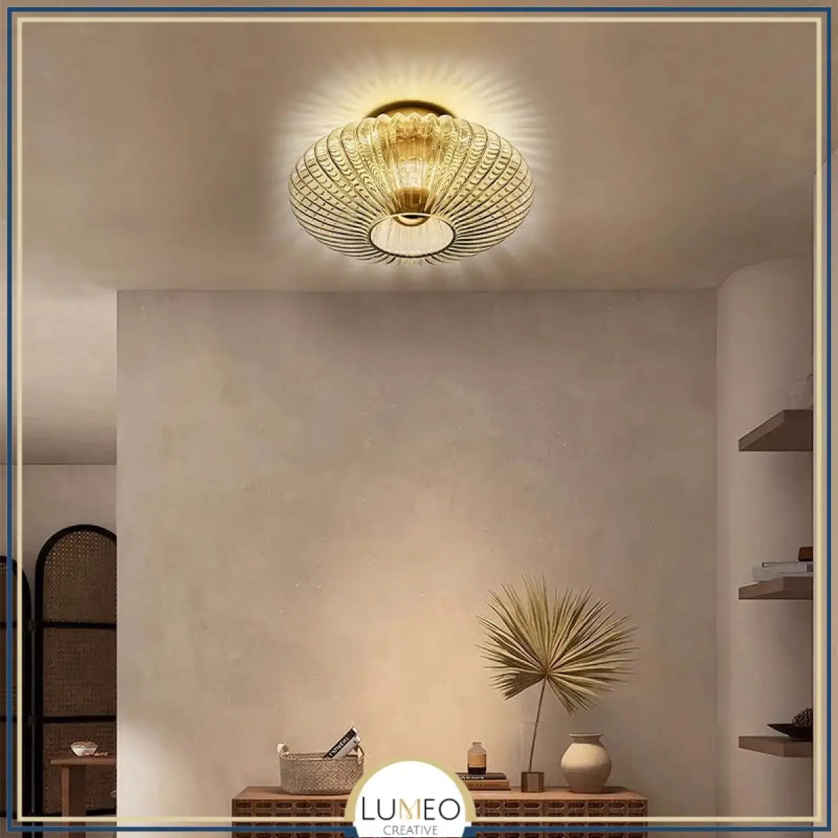 Mouth-Blown Ribbed Glass & Gold Metal Ceiling Light (Low-Ceiling)