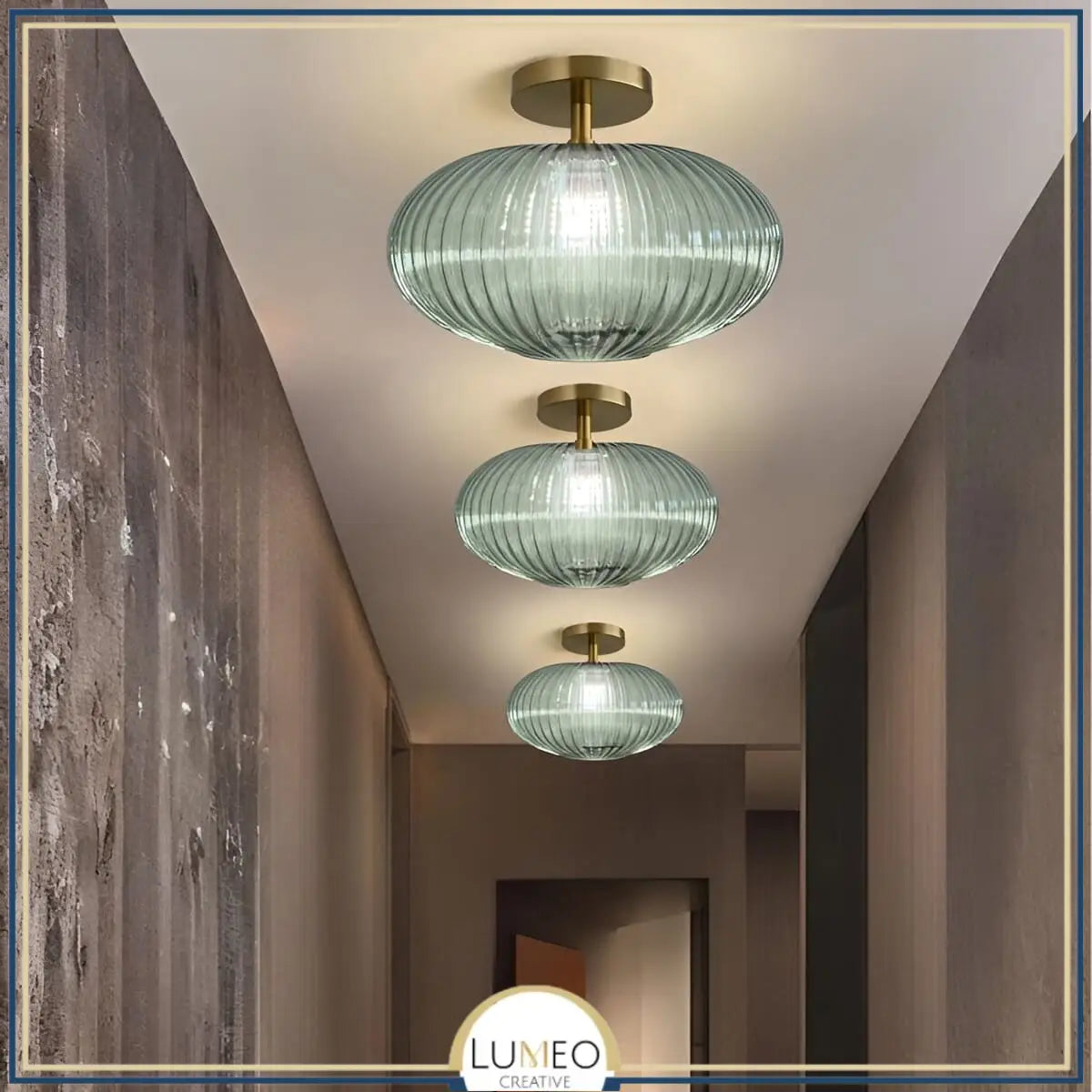 Mouth-Blown Ribbed Glass & Gold Metal Ceiling Light (Low-Ceiling)