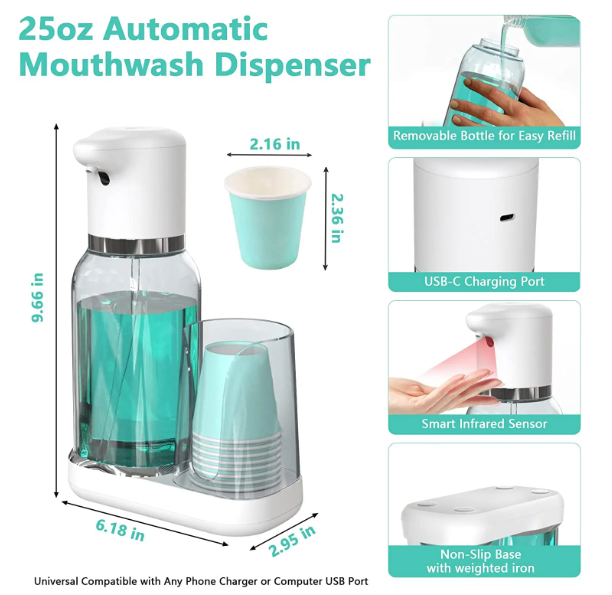 Mouthwash Dispenser Touchless Infrared USB Rechargeable 750ml