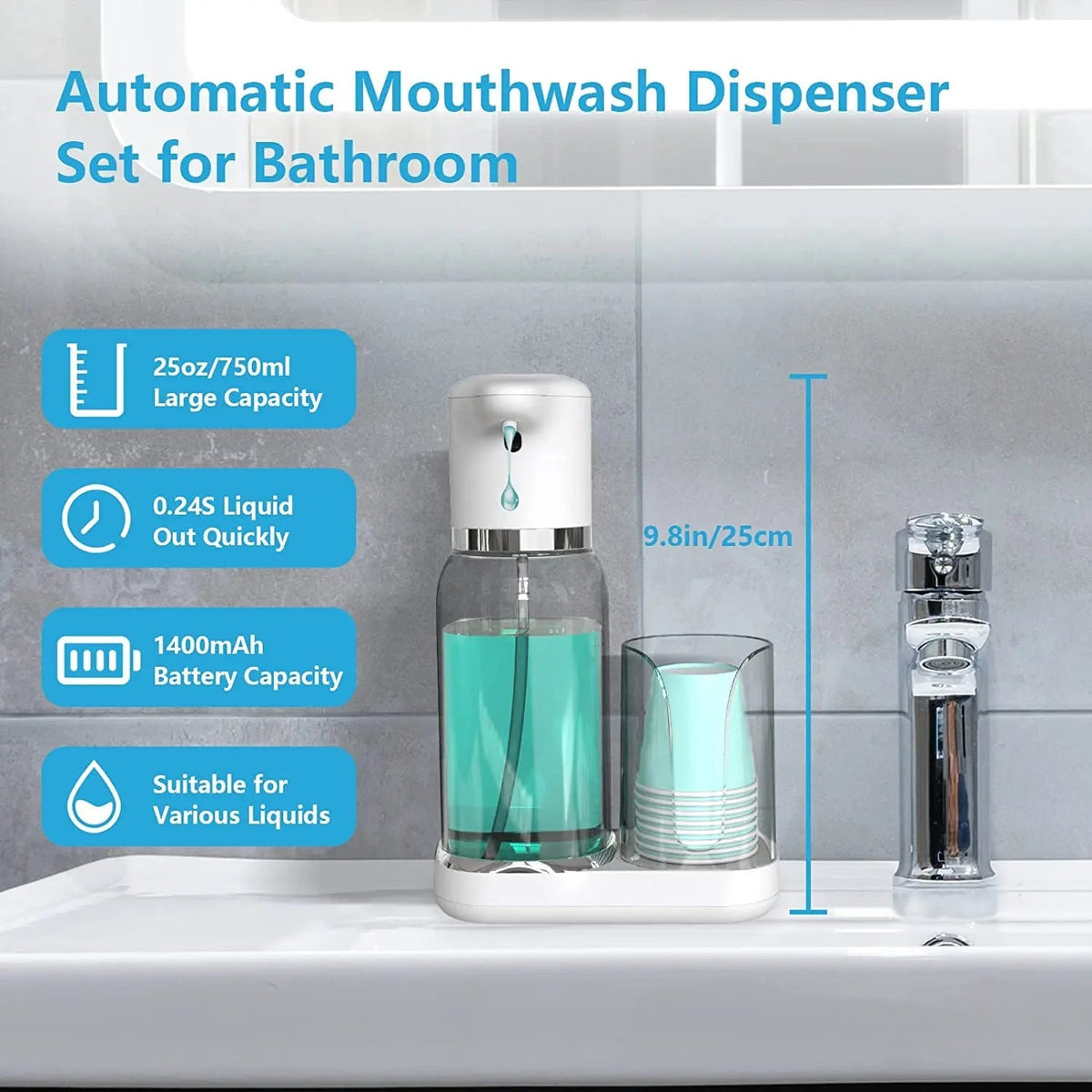 Mouthwash Dispenser Touchless Infrared USB Rechargeable 750ml