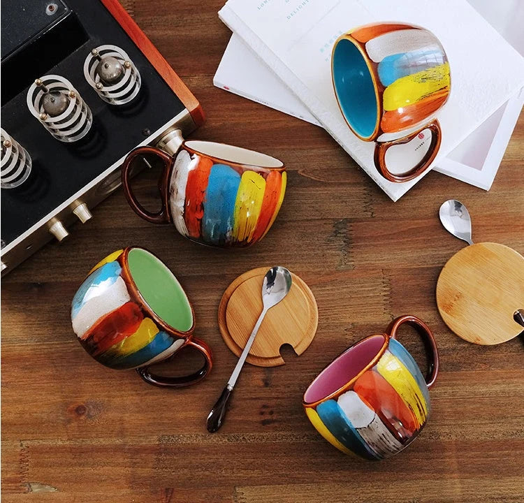 Mug Set Handmade Ceramic Spoon & Lid 12 Oz
