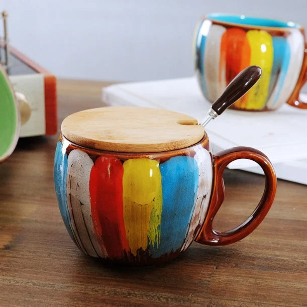 Mug Set Handmade Ceramic Spoon & Lid 12 Oz