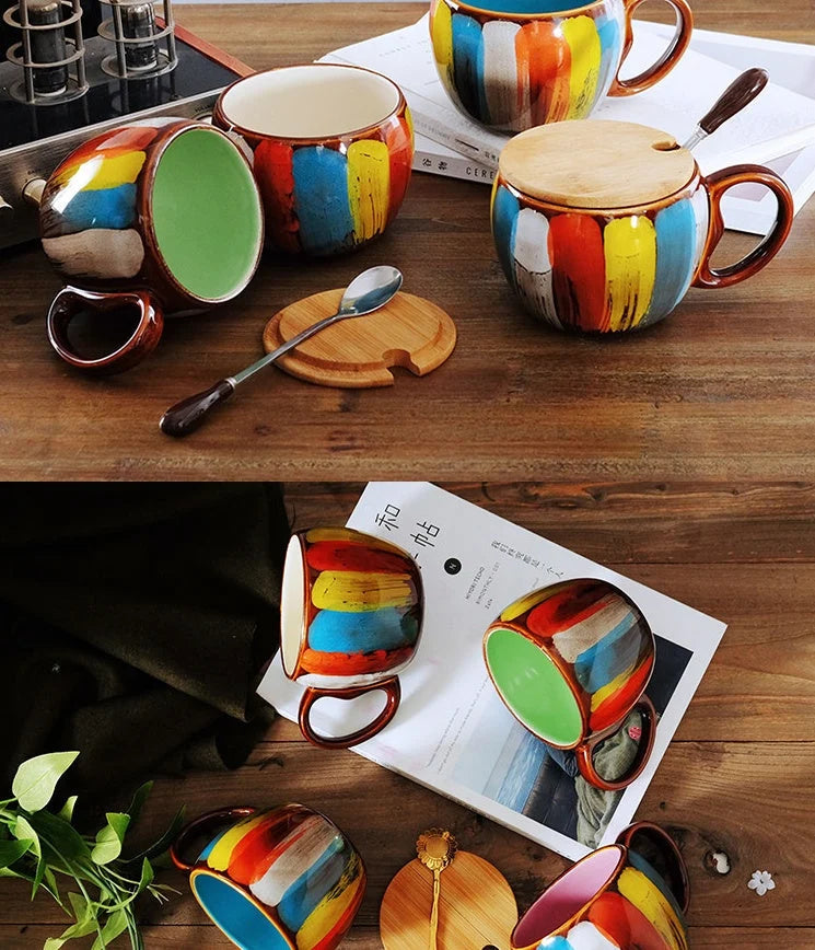 Mug Set Handmade Ceramic Spoon & Lid 12 Oz
