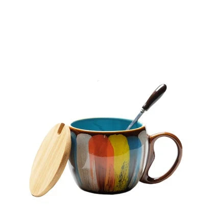 Mug Set Handmade Ceramic Spoon & Lid 12 Oz