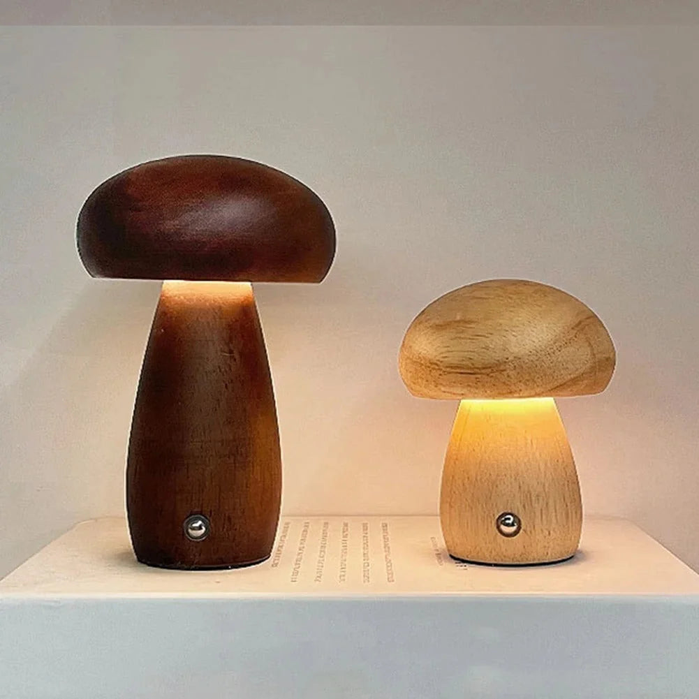 Mushroom Table Lamp Dimmable USB Rechargeable Natural Wood