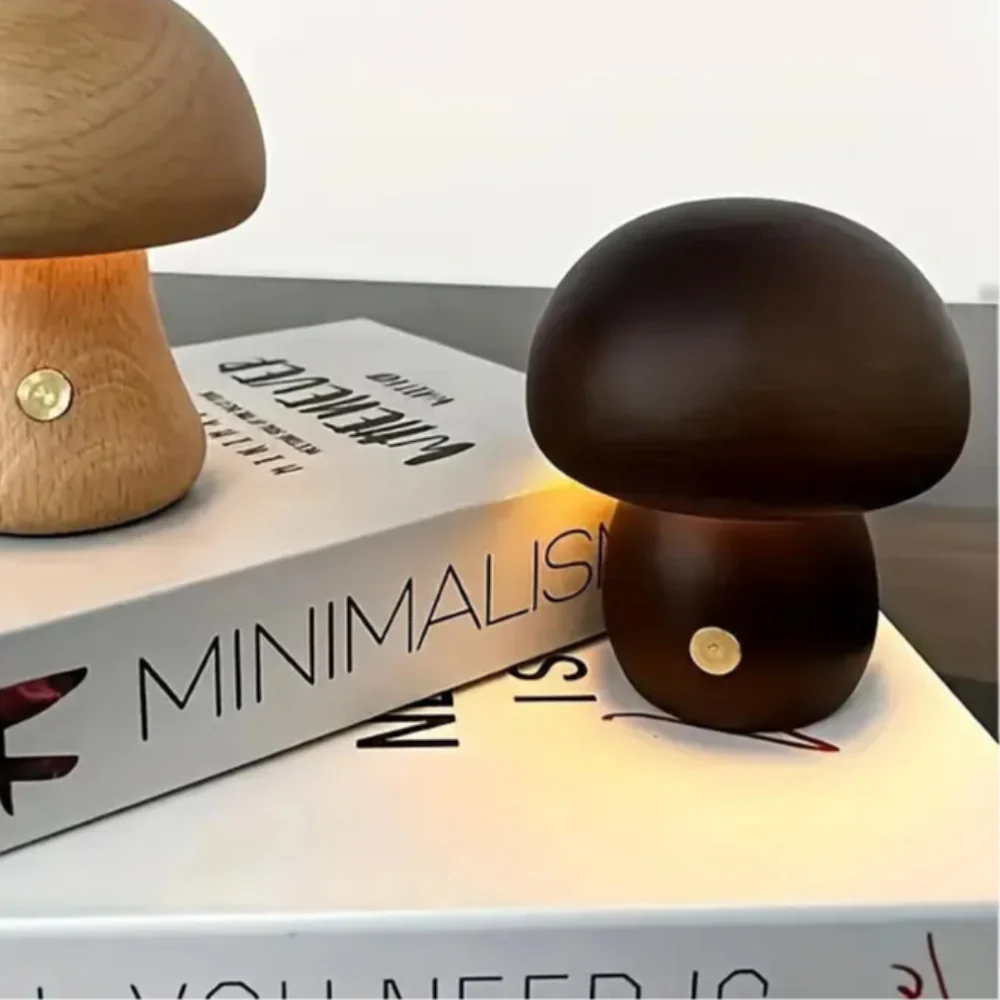 Mushroom Table Lamp Dimmable USB Rechargeable Natural Wood
