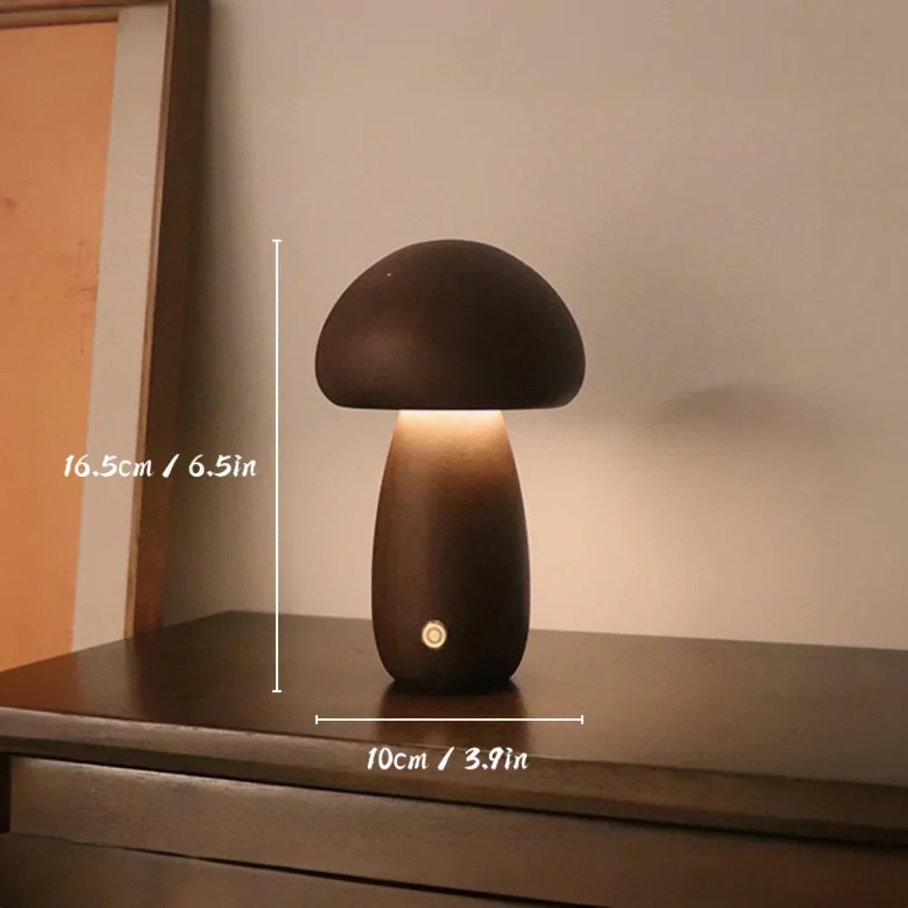 Mushroom Table Lamp Dimmable USB Rechargeable Natural Wood