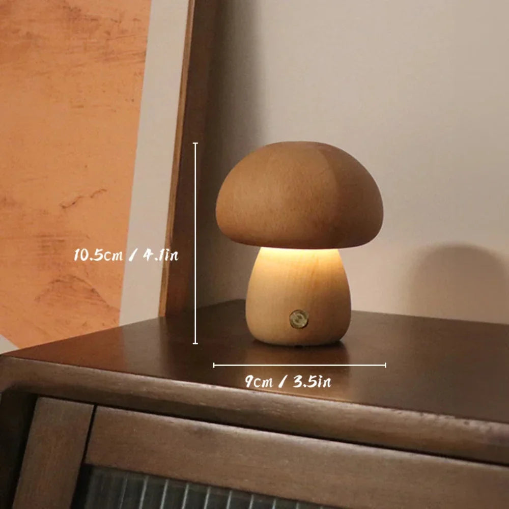 Mushroom Table Lamp Dimmable USB Rechargeable Natural Wood