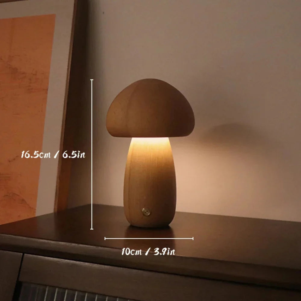 Mushroom Table Lamp Dimmable USB Rechargeable Natural Wood