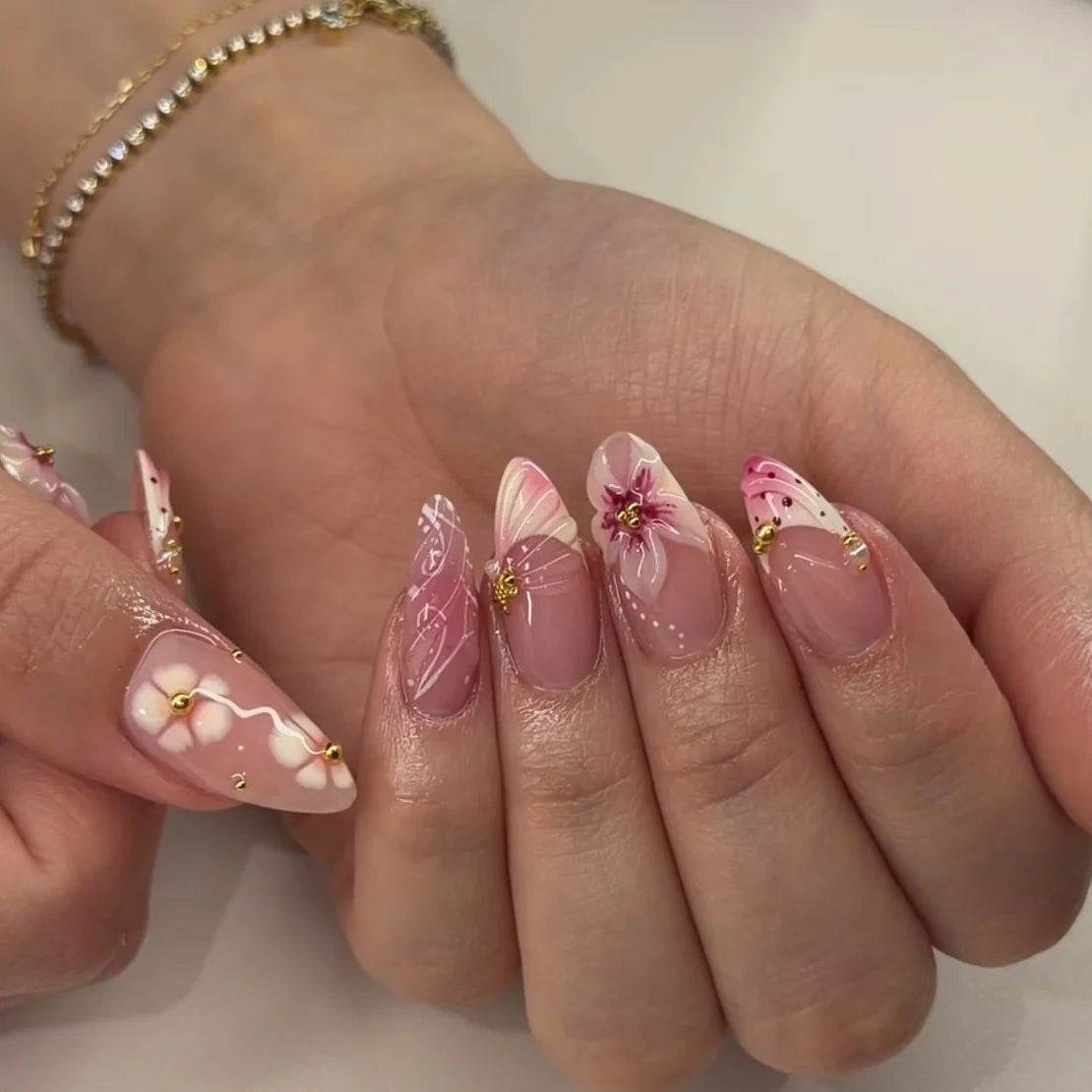 Nail Art Enhancements Floral & Metallic Set of 24