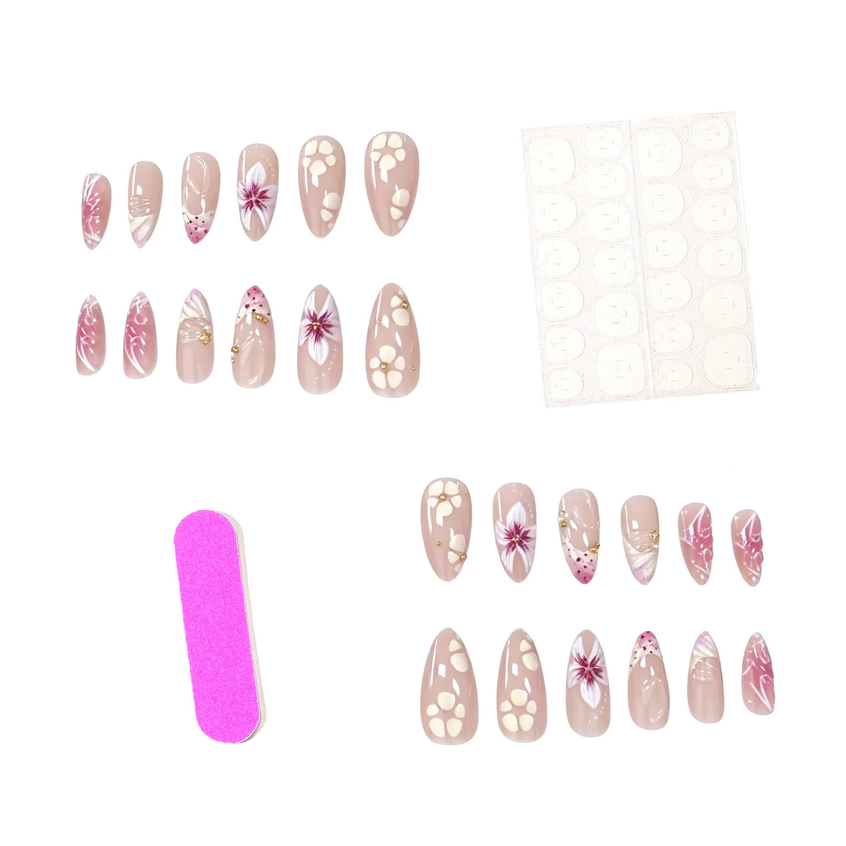 Nail Art Enhancements Floral & Metallic Set of 24