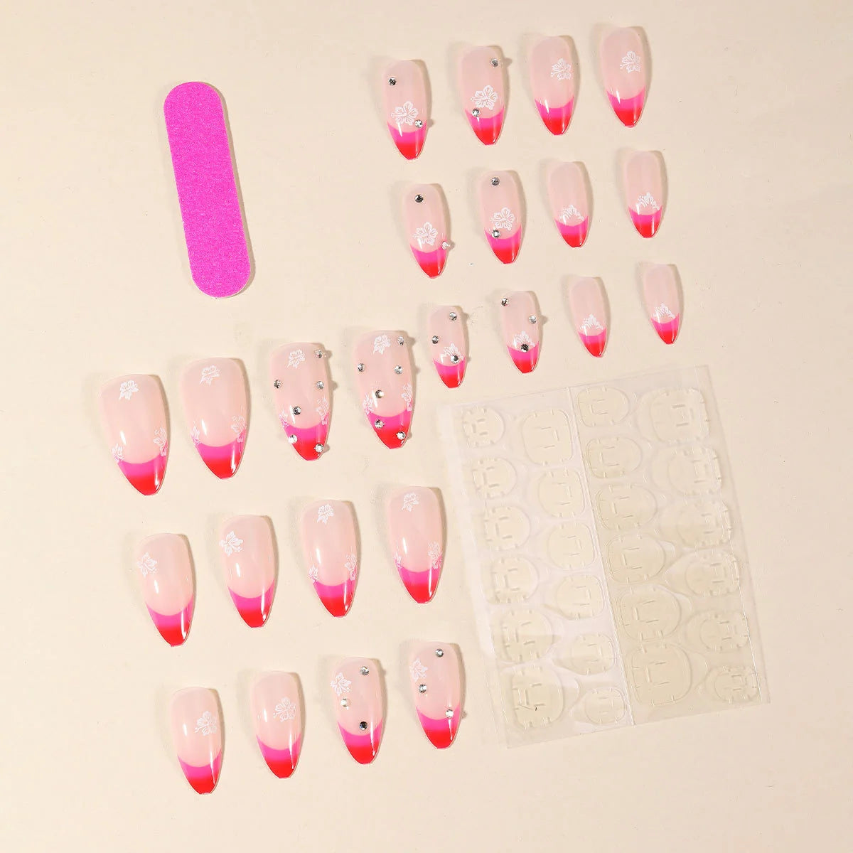 Nail Art Extensions Ombre Floral & Rhinestones