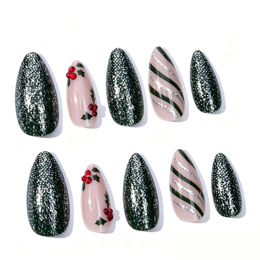 Nail Art Kit Green Glitter & Holly Motifs