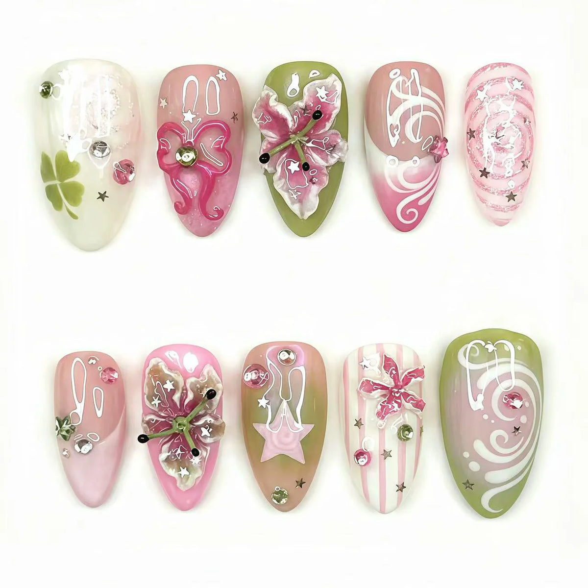 Nail Art Press-On Set Floral Reusable Multiple Sizes