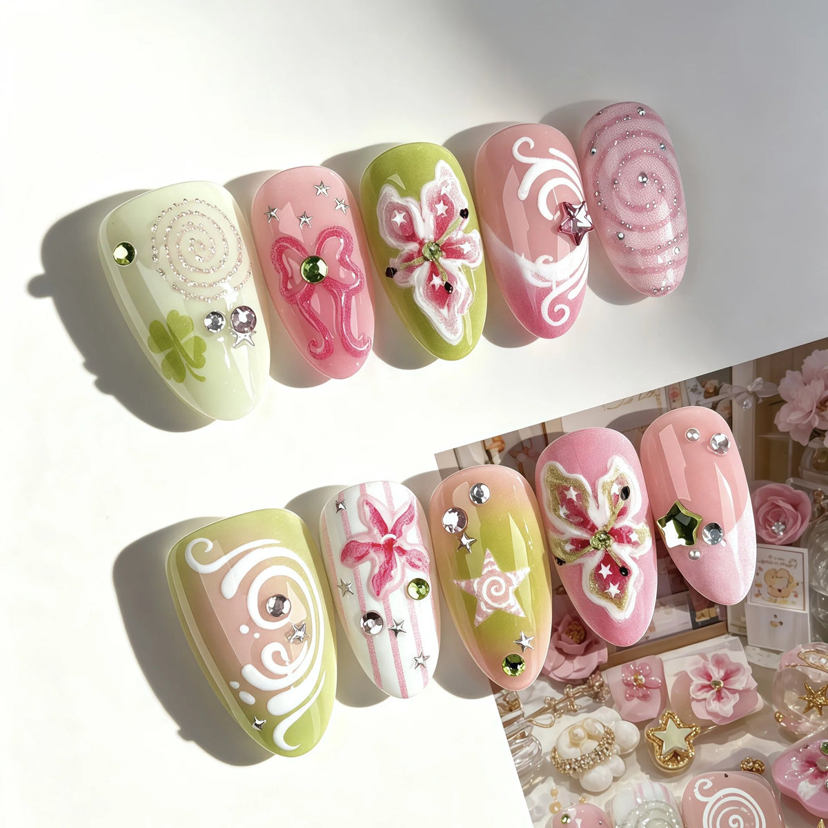 Nail Art Press-On Set Floral Reusable Multiple Sizes