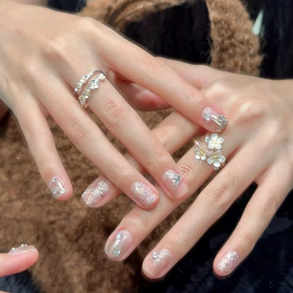Nail Art Set Floral Designs & Gemstone Accents