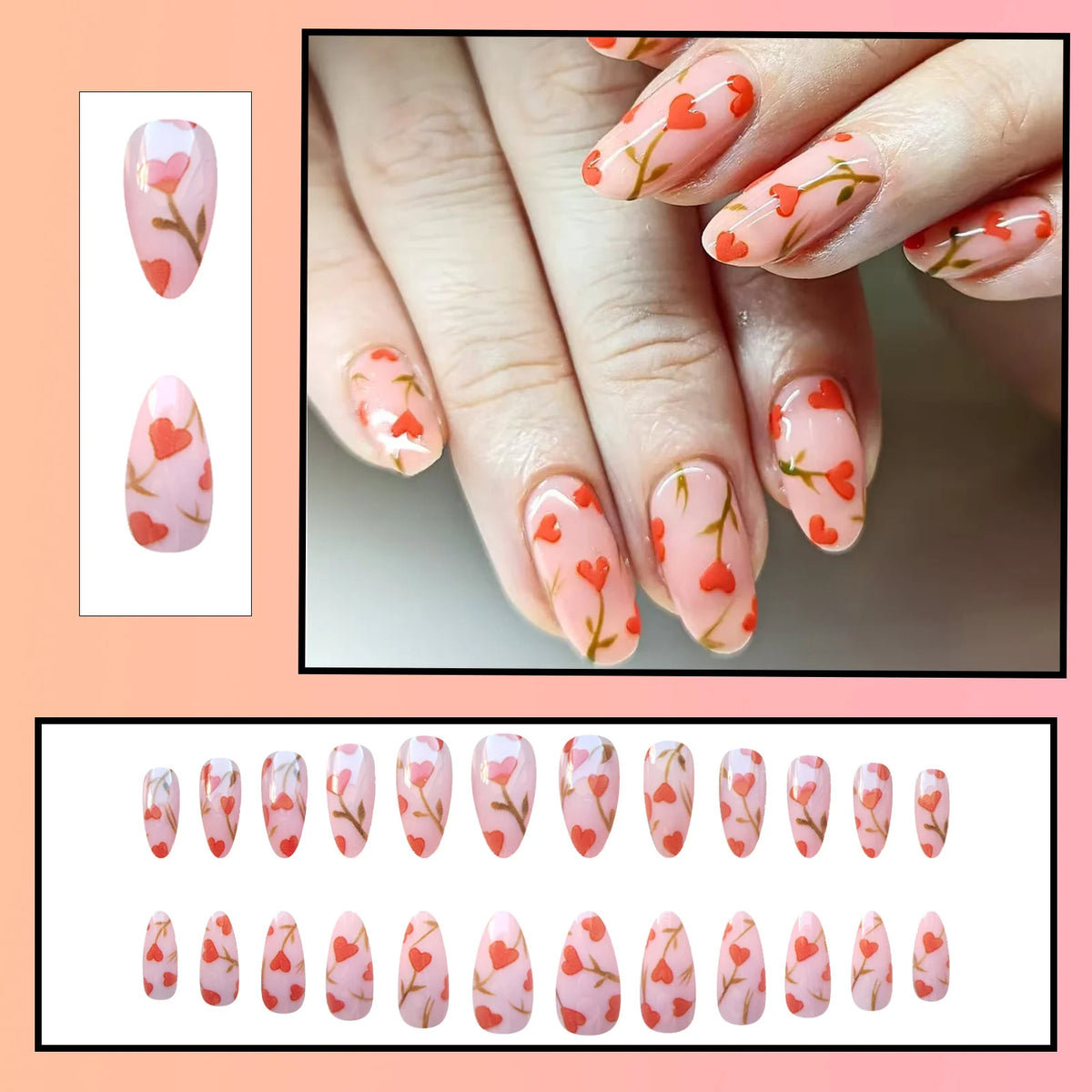 Nail Art Set Floral Heart Designs Glue-On & Jelly