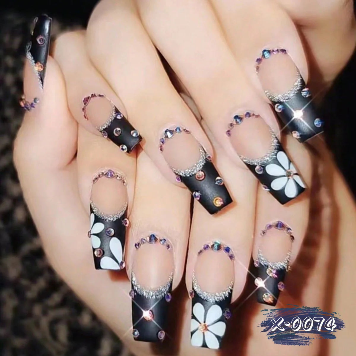 Nail Art Set Floral Rhinestone Stiletto & Square