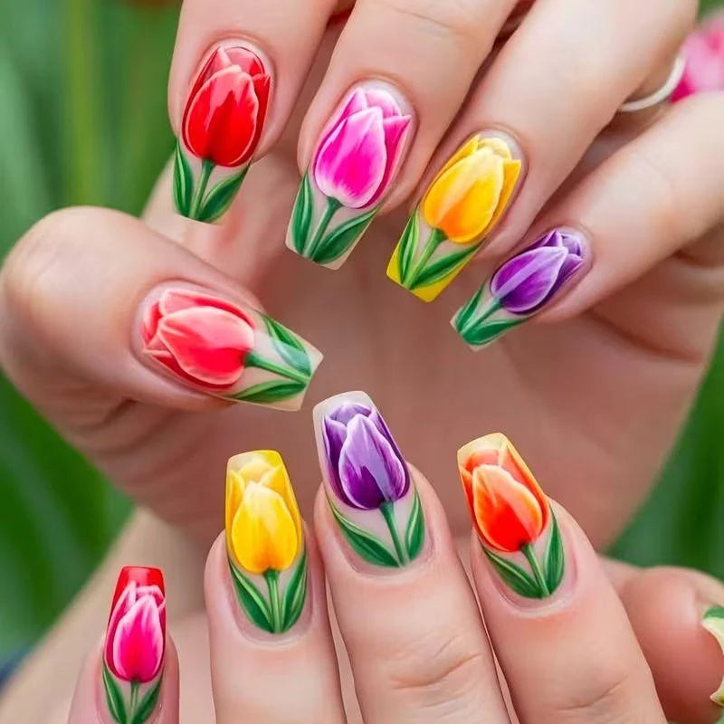 Nail Art Set Hand-Painted Tulip Designs Long-Lasting Wear