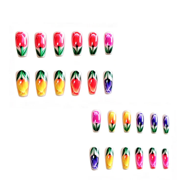 Nail Art Set Hand-Painted Tulip Designs Long-Lasting Wear