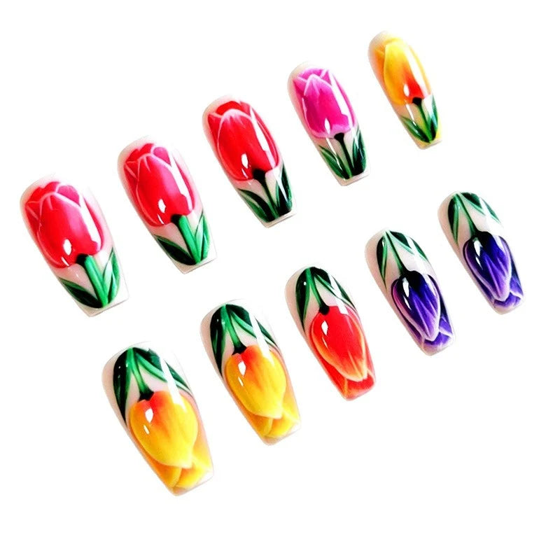 Nail Art Set Hand-Painted Tulip Designs Long-Lasting Wear