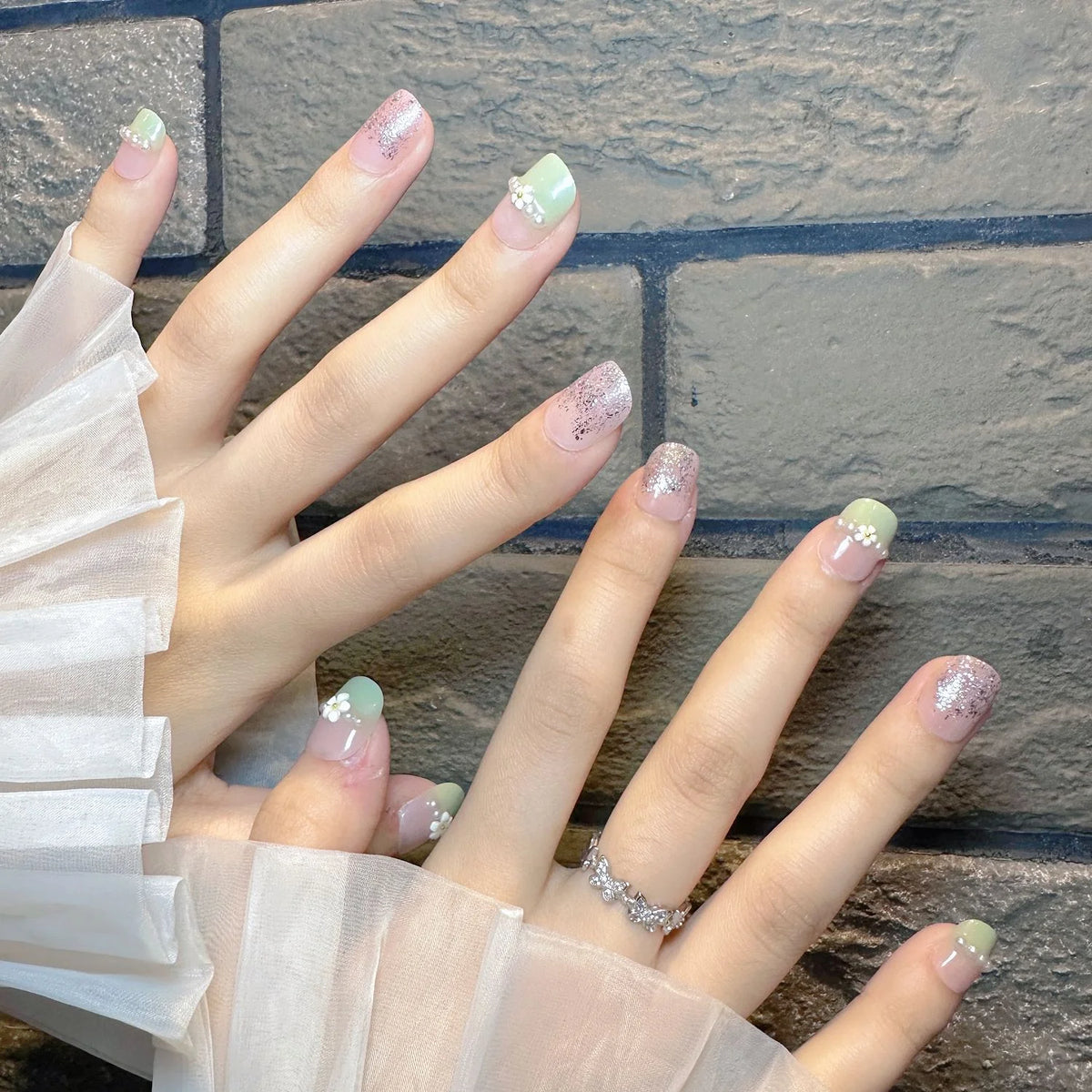 Nail Art Set Ice Green Gradient Glitter & Pearl