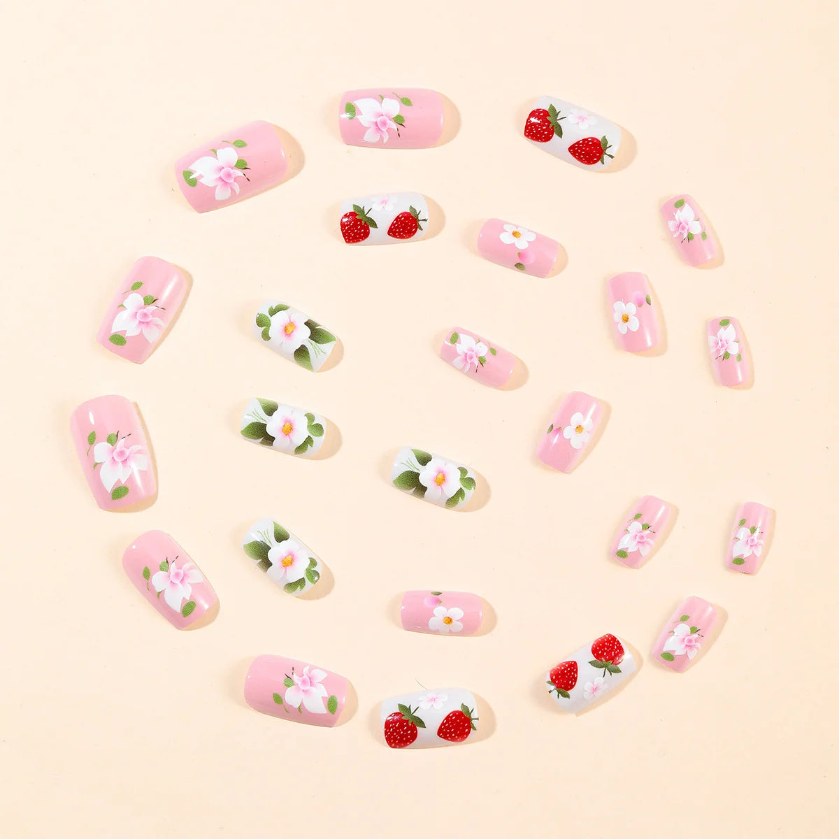 Nail Art Set Strawberry & Floral Designs Long-Lasting