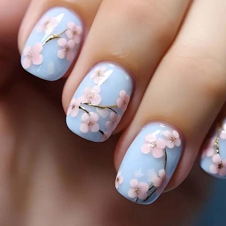 Nail Enhancements Set Floral Pink Blossoms Glossy Gel