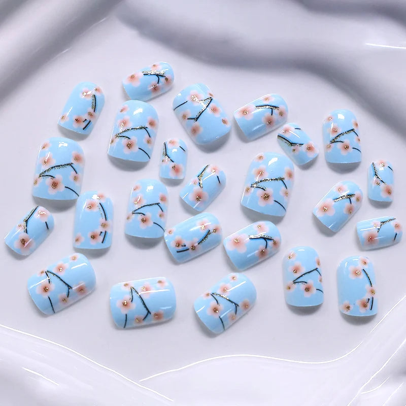 Nail Enhancements Set Floral Pink Blossoms Glossy Gel