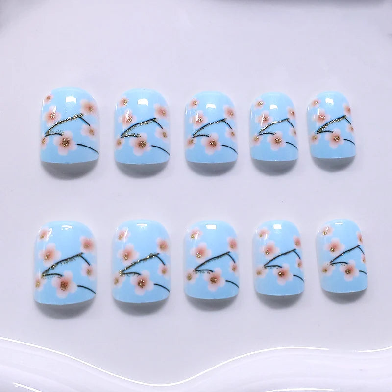 Nail Enhancements Set Floral Pink Blossoms Glossy Gel