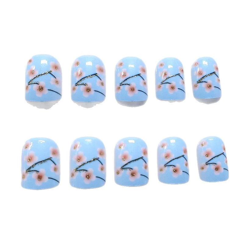 Nail Enhancements Set Floral Pink Blossoms Glossy Gel