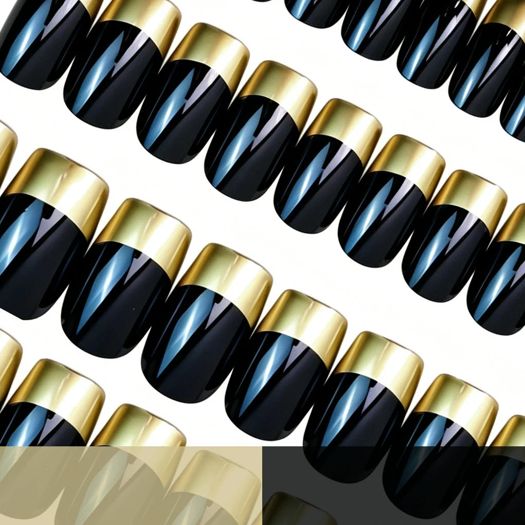 Nail Extension Kit Glossy Black & Gold 24-Piece Press-On