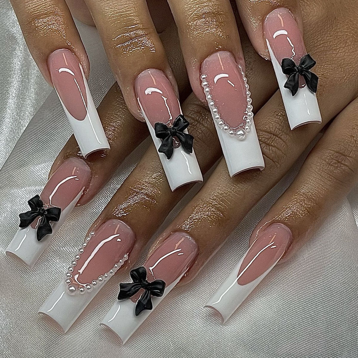 Nail Extensions Acrylic Bow & Pearl Ready To Wear