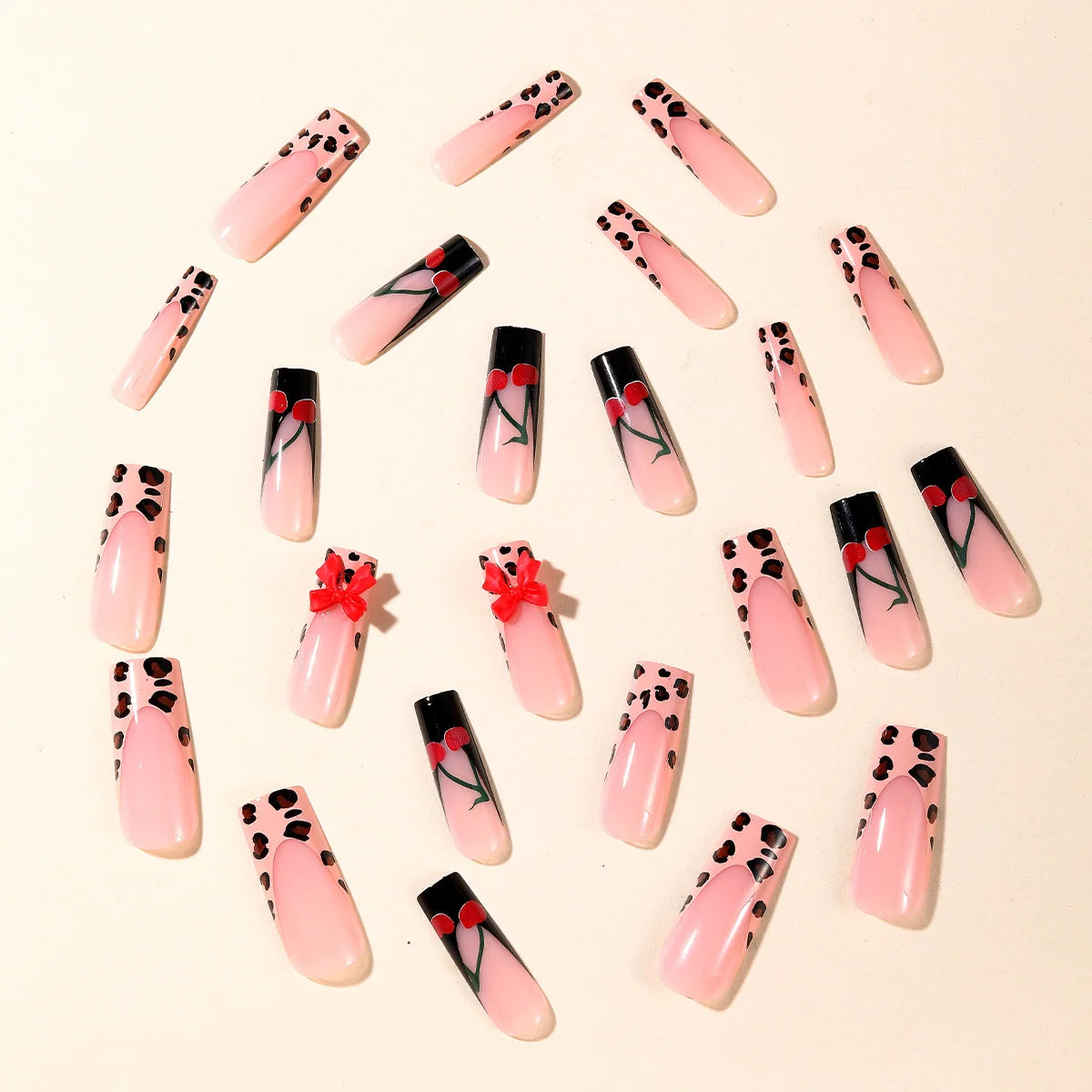 Nail Extensions Acrylic Floral Design & Black Tips