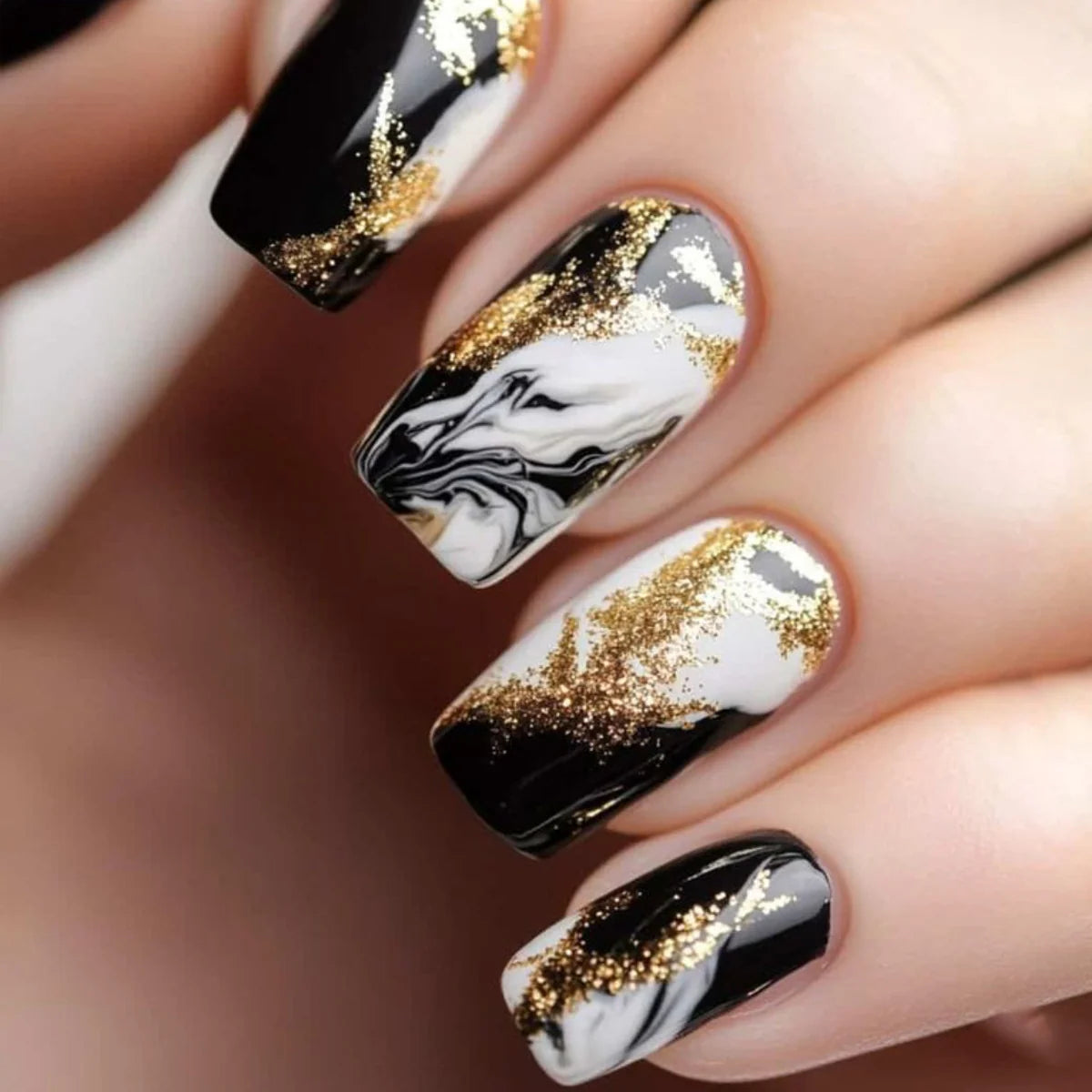 Nail Extensions Acrylic Marble Effect & Gold Glitter