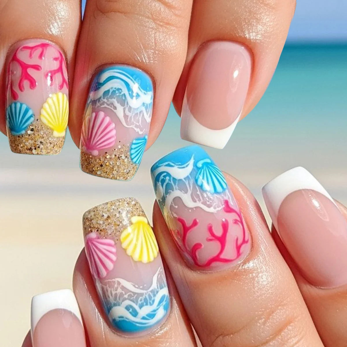 Nail Extensions Acrylic Seashell Design & Glitter Accents