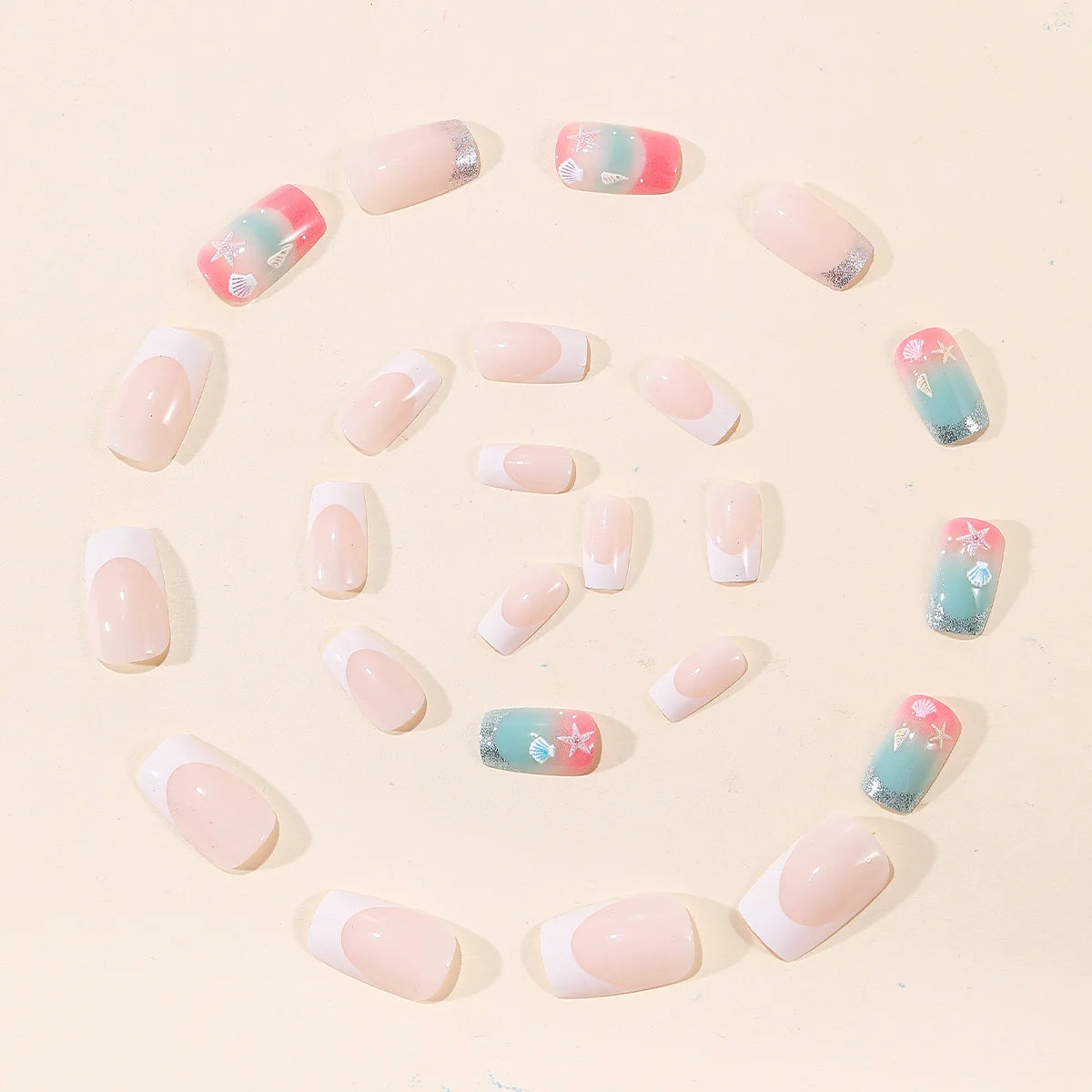Nail Extensions Acrylic Seashell Design & Glitter Accents