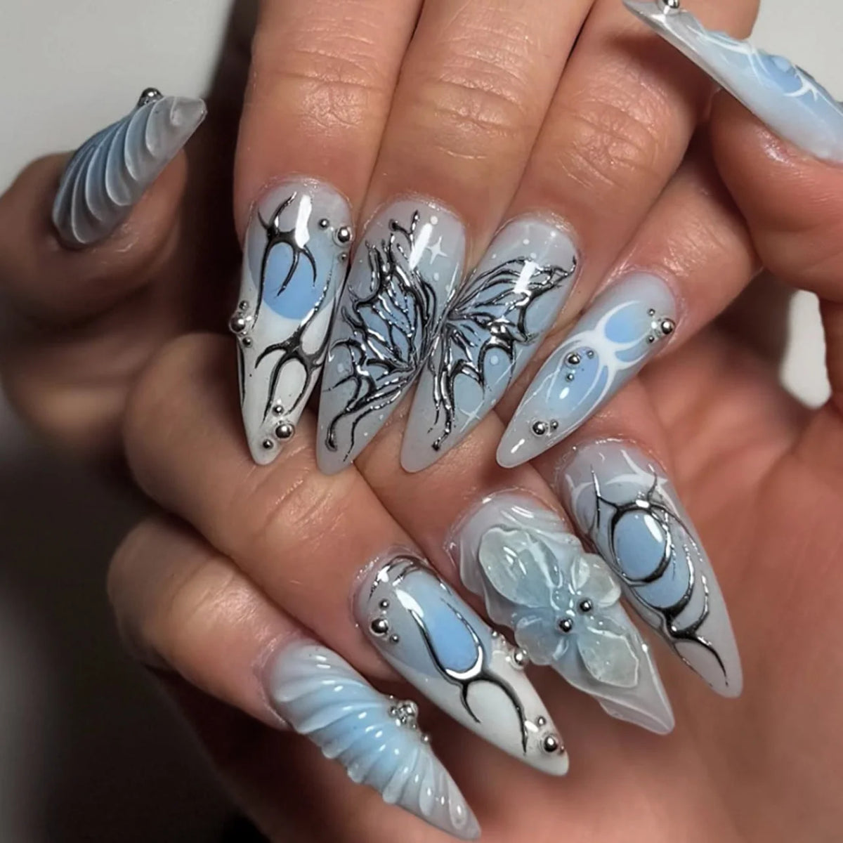 Nail Extensions Floral & Glitter Design Easy Application