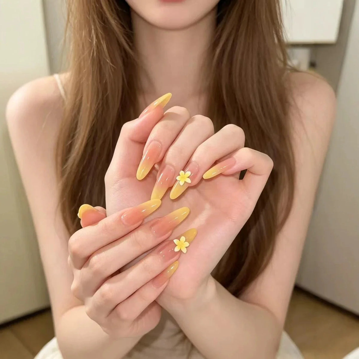 Nail Extensions Ombre Gradient Floral Accents Almond Shape